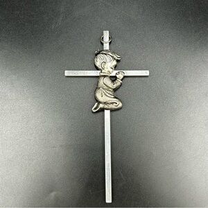 Vintage Praying Boy Wall Cross Silver Tone Catholic Child Prayer Crucifix